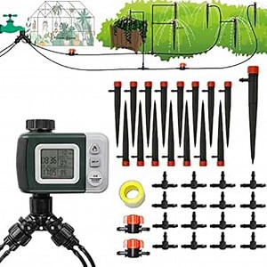 Auto Drip Irrigation Kit with Water Timer 65.5 Feet, 1/4 Pipe Automatic Garden Watering System for Potted Plants, Vegetable Drip Irrigation, Trellis Plants, Patio Lawn, Green
