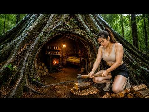 Solo Wilderness Survival: Building A Warm And Cozy Secret Shelter Under A Giant Tree