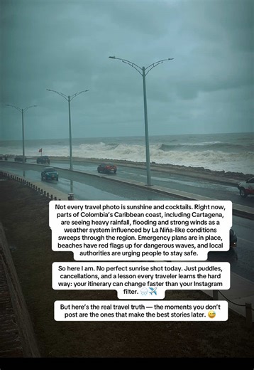 ✨ POV: Travel Isn’t Always Glamorous ✨ I finally made it to Cartagena — the colorful streets, the Caribbean vibes, the food… and then an unprecedented storm entered the chat. 🌧️🥲 It’s been several years since Cartagena saw a storm this intense — the last storm that caused this level of disruption was Tropical Storm Iota back in late 2020. Yep. Not every travel photo is sunshine and cocktails. Right now, parts of Colombia’s Caribbean coast, including Cartagena, are seeing heavy rainfall, floodi