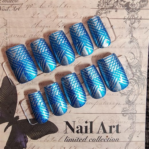 Electric Blue & Silver Geometric Stamped Press-on Nails - Modern Abstract Minimalist Metallic Nail Art Set | Custom Reusable Press Ons - Etsy