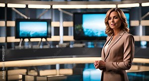 Woman news anchor on the TV set.