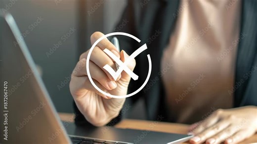 Person using pen to complete digital checklist concept. Professional document checklist creation through digital writing laptop workspace.