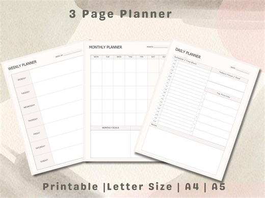 Monthly Weekly Daily Planner Printable | 3 Page Minimalist Planner PDF | Undated Planning Layout - Etsy