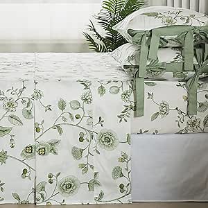 FADFAY Full Size Sheet Sets Green Floral Bedding Premium Percale Cotton Toile Sheets Flower Bed Sheet Set Shabby Vintage Chic Bowknot Design Soft Crisp Breathable Deep Pocket Fitted Sheet 4 Pieces