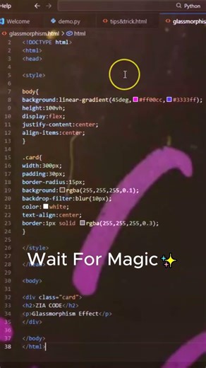Glassmorphism Card Effect using HTML & CSS 🔥 #coding #programming #shorts