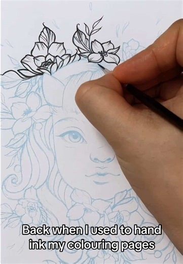 I used to make monthly colouring pages and before I got my ipad and procreate I used to hand ink the lines. I’d print out a very light blue version of the art then go over it with a brush and india ink. I think I still prefer how the hand inked pages come out in comparison to the digitally inked ones. #art #inking #painting #lineart #inkdrawing