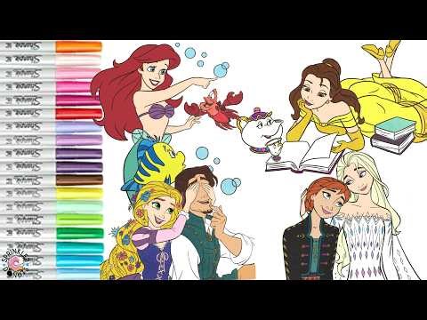 Disney Princess Coloring Book Compilation Ariel Snow White Belle Rapunzel Anna and Elsa