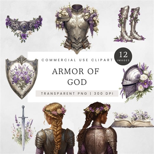 Armor of God Clipart, Full Armor of God PNG, Watercolor Christian Woman Clip Art, Biblical Images, Ephesians Graphics, Purple Floral Faith - Etsy