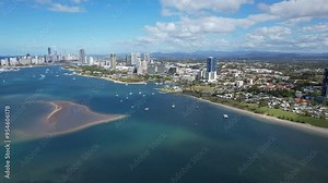 Broadwater Tourist Park And Mitchell Park In Marine Parade, Southport, Gold Coast, QLD Australia. Aerial Drone Shot