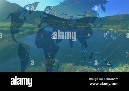 Digital world map overlay covering river landscape, showing hex grid and data markers. Geography, visualization, connectivity, technology, landscape, innovation, network Stock Video Footage - Alamy