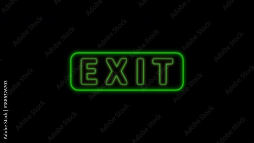 Exit. Green neon sign in a frame with a subtle shimmer on a black background. Creative design idea