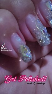 Can you count how many rhinestones we used for this look?  Fun fact, we used 2 gel polish for our ombre - 1 kiara sky silver holo and 1 cuccio glitter polish with silver and blue glitter. Really gives this look a multi dimensional feel to it ✨️ Create your own #notd, mix and match our gels, rhinestones, nail charms and chrome! Book an appointment now and we'll bring your nails to life ☎️ 0917 636 5880 See you! | Get Polished Nails and Waxing | Facebook