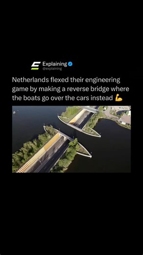 Explaining on Instagram: "The Netherlands showed off its engineering brilliance by building a reverse bridge, where boats pass over cars instead of the other way around. 🚤🚗 Known as the Veluwemeer Aqueduct, this structure allows water traffic to flow smoothly above a roadway, eliminating the need for drawbridges and traffic stops. Cars drive through a short tunnel beneath the canal while boats sail overhead like it is nothing. It is a perfect example of Dutch design thinking. Simple, efficient