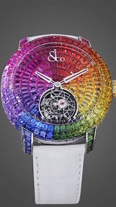 High jewelry meets high watchmaking. Inspired by the luxurious surface of caviar, the Caviar Tourbillon Rainbow shines with 224 baguette-cut gems on the case and 130 on the dial. The invisible setting and one-minute flying tourbillon make this watch a true icon of sophistication and brilliance. #Jacobandco #Inspiredbytheimpossible #Rainbow | Jacob & Co.