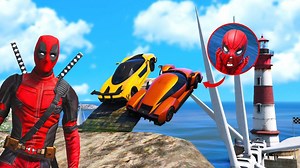 7.3K views · 100 reactions | Spiderman, Deadpool & All Superheroes Challenge with Cars & Fire Trucks on Sea Ramp Competition #KjraGaming #SKGaming #DMProduction #WaterRagdolls #GTA | Kjragaming | Facebook