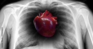 Close Up Healthy Human Human Heart Is Beating. X-Ray Skeleton. Science And Health Related 3D Animation.