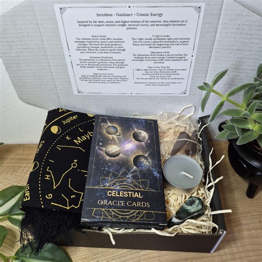 Celestial Oracle Divination Set | Oracle Cards, Gemstone Pendulum, Sage Incense, Divination Cloth & T-light Candle | Spiritual Guidance Gift - Etsy UK
