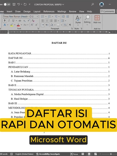 Daftar Isi Word Otomatis & Rapi --- Daftar isi di Word jangan diketik manual. Kalau judul atau halaman berubah, daftar isi harusnya ikut otomatis. Di video ini aku tunjukin cara membuat daftar isi otomatis di Microsoft Word pakai Heading Style dan Table of Contents. Bisa dipakai untuk: Laporan Makalah Proposal Dokumen kerja Save & follow biar nggak bolak-balik benerin format Word. daftar isi otomatis word, cara membuat daftar isi di word, table of contents word, heading word, daftar isi word rap
