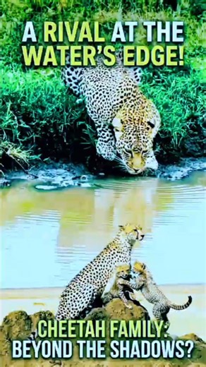 Fat Cheetah Drinks at the Waterhole While a Mother Cheetah Waits with Her Cubs