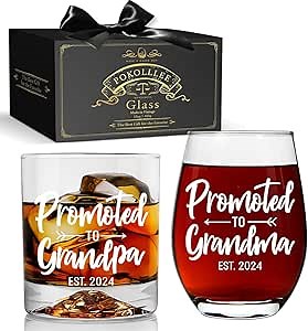 Est 2024 Promoted to Grandma Grandpa Stemless Wine Glass Gifts Set, Pregnancy Reveal Announcement, Baby Reveal Surprise Publicity Mug Gifts, Promoted to Be Grandparents Gift-130