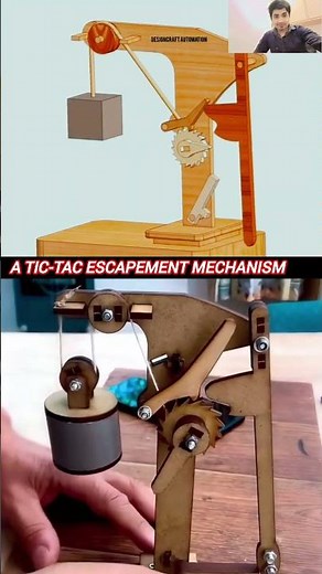 The image displays a mechanical model demonstrating a tic-tac escapement mechanism