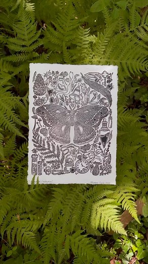 "Cecropia's Collection" original linocut prints are officially available 🖤 Countless hours went into drawing, carving, and printing this design, and I am so so proud of how it turned out!! I'd love to know what your favorite parts of this regal moth's enchanted collection are! There are over 75 magical items to discover... 🔎✨ #printmaking #printmaker #printmakingart #printmakersofinstagram #linocut #linocutprint #reliefprinting #reliefprint #blockprint #blockprinting #oddities #odditiesandcuri
