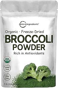 Organic Broccoli Powder, 1 Pound, Freeze Dried, Contains Natural DIM (Diindolylmethane), and Rich in Fiber and Immune Vitamin C, Green Superfood for Smoothie & Drinks, Vegan Friendly