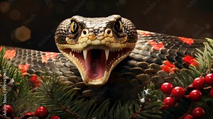 Snake with open mouth on New Year background with spruce branches. Chinese new year