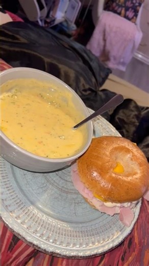 Just some heated up Panera Broccoli cheddar soup from Costco and a toasted bagel sandwich #fyp