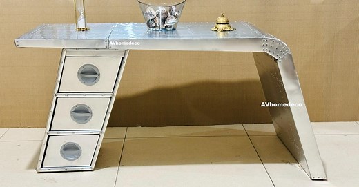 Handcrafted Aviator Wing Desk With Triple Drawer Storage - Industrial Wing Desk Vintage Airplane Style Aviator Aluminium Table Home Office - Etsy