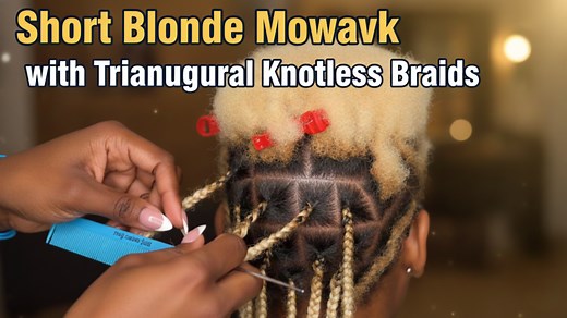 Short blonde mohawk with triangular knotless braids: Step-by-step tutorial