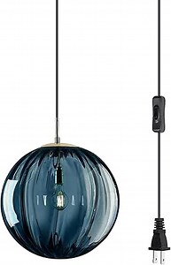 KCO Lighting Modern Blue Glass Plug in Hanging Lamp Industrial 1-Light Single Globe Hanging Light with Plug in Cord Farmhouse Bedroom Plug in Ceiling Pendant Light Fixture
