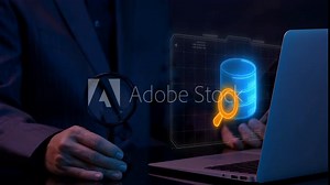 Data Retrieval icon, Document Management concept for system or process used to capture, track and store electronic documents. Database icon with magnifying glass isolated on virtual screen.