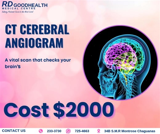 47 reactions · 12 shares | 易 CT Cerebral Angiogram A vital scan that checks your brain’s blood vessels for aneurysms, blockages, or other issues. Early detection can prevent strokes.  RD GoodHealth Medical Centre | Safe & Quick  Contact Us: 233-370 |  WhatsApp: 725-4663  34B S.M.R Montrose, Chaguanas #BrainHealth #CTAngiogram #StrokePrevention #RDGoodHealth | RD Goodhealth Medical Centre | Facebook