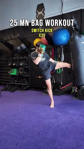 25 MIN HEAVY BAG WORKOUT • 2–3 kicks ×30 • 1–2–3 switch ×30 • 3 (body) → high kick ×30 • 500