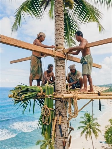 Crafting a Coconut Treehouse Above the Ocean‼️🌴🏡🌊🌞🎋🔨🏝️ Perched high on a tall coconut palm overlooking a stunning tropical coastline, a team of skilled builders works together to create a beautiful bamboo treehouse in the sky. The process begins with securing thick wooden beams and bamboo poles tightly around the sturdy palm trunk, forming a strong elevated platform far above the sandy beach and rolling waves. With careful coordination, the craftsmen assemble the frame using bamboo poles 