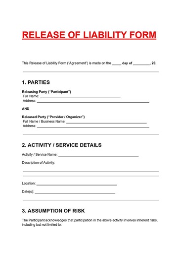 Release of Liability Form Template Editable DOC PDF, Waiver Agreement, Liability Waiver Form - Etsy