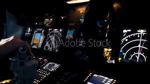 close-up of radar control and navigation panel in cockpit of airplane screens and buttons flight simulator