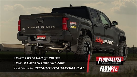 Transform your 2024 Toyota Tacoma with Flowmaster’s FlowFX Cat-back exhaust system. Built from 409 stainless steel, this system delivers sound, style, and performance that lasts. ✔️Straight-through FlowFX muffler for an aggressive tone & max power ✔️Dual 2.5" mandrel-bent tailpipes with 4" black ceramic-coated tips ✔️Gains of 12 HP & 14 lb-ft at the wheels ✔️Better ground clearance vs. stock ✔️Easy bolt-on install using factory hangers ✔️Backed by Flowmaster’s Lifetime Limited Warranty A perform
