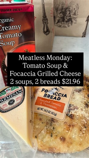 Ashleigh Merlo | Seasonal Design | Food & Home on Instagram: "✨ Meatless Monday! Tomato Soup & Grilled Cheese Foccacia. ✨ This is heavenly!! A must make this soup season! Hearty and filling. The best part is it took 10 minutes!! What you’ll need: 2 cartons tomato soup 2 packs of facaccia bread Parm cheese for topping Sliced cheddar (or your favorite sliced cheese for focaccia) Heat the soup in a Sauce pan on the stove. I added a little salt and Italian seasoning. While that’s heating, chop your 