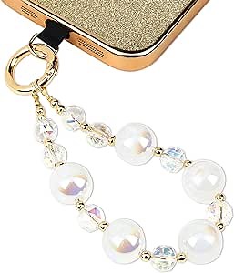 Phone Wrist Lanyard Beaded Wrist Strap Phone Wristlet Strap Beaded Cellphone Bracelet Smartphone Bead Chain with Tether Tab (Ivory)