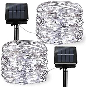 Upgraded Solar Powered String Lights, 2 Pack 8 Modes 200 LED Solar Fairy Lights Waterproof 66ft Silver Wire Lights Outdoor Garden String Lights for Home Patio Yard Party Decor (Cool White)