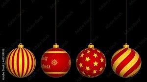 Beautiful Christmas red balls with golden glittering surface. PNG codec with alpha channel - transparent background, seamless loop.