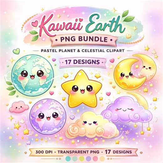 Kawaii Earth Sticker | Pastel Planet Sticker Design | 17 PNG Bundle | Printable Stickers | Clipart Download - Etsy