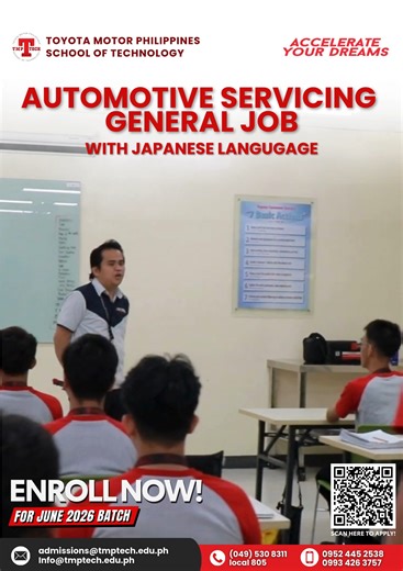 Develop essential skills in general automotive servicing while building Japanese language proficiency. This program provides hands-on training using industry-standard tools and methods, preparing you for real‑world opportunities in the automotive industry. 📩 Enroll now and take the next step toward a rewarding automotive career. 𝗔𝗽𝗽𝗹𝗶𝗰𝗮𝘁𝗶𝗼𝗻 𝗟𝗶𝗻𝗸 (Regular Courses Paying Applicants): https://form.jotform.com/tmptech_admissions/batch26_admissionform For more details on admission & e