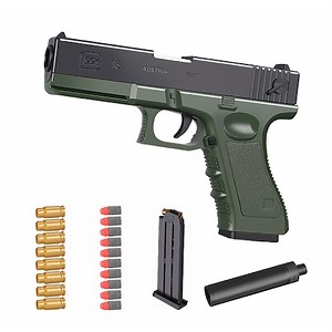 Pistol de jucarie cu gloante moi, Incarcare manuala, Ejectarea carcasei goale, Negru/Verde - eMAG.ro