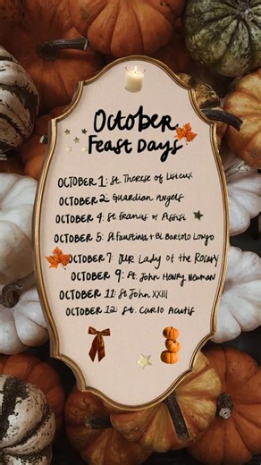 @thesaintjunkie on Instagram: "October feels like another mini Christmas for Catholics with all of these feast days!!! 🧡🍂🍁 From newly canonized saints to beloved ones whose feast days often get overlooked (like St. Faustina!), here’s your guide to October’s most important Saint celebrations. 🎉 ⬆️ Don’t forget to screenshot & save this post so you won’t miss any feast days this month! . . #catholicsaints #feastday #catholic #saintquotes #monthoftherosary #praytherosary #blessedvirginmary #gua