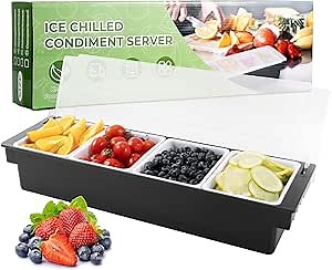 WICHEMI Condiment Container with Lid Ice Chilled Condiment Server with Ice Tray Fruit, Veggie & Condiment Caddy Plastic Garnish Station for Bartending Serving Taco, Salad Bar Container (4 Compartment)