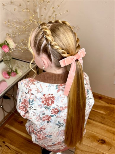 Try this for your next ponytail hairstyle!🎀 We did a single strand pull through braid into a rope twist on each side and brought them down into a low pony. I doubled up on the elastics for the ponytail then wrapped it with hair for extra hold. Her hair is so thick, I didn't want them to snap. Happy to report it worked, they held up all day. 🙌🏻✨The hair mascara and serum are linked here: https://liketk.it/5KUwZ (affiliate) #schoolhairstyles #hairstyle #hair #longhair #hairinspo #hairtutorial #