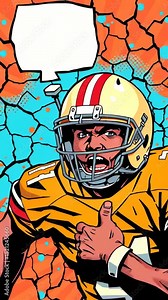 A cartoon football player with a big helmet on and a speech bubble above his head